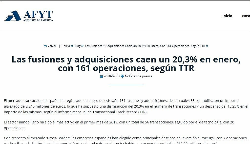 Las fusiones y adquisiciones caen un 20,3% en enero, con 161 operaciones, segn TTR